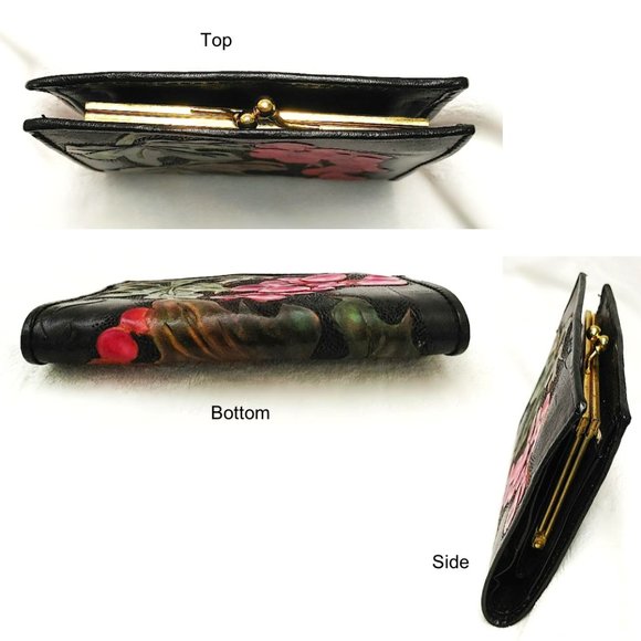 Hand Painted Wallet Red Motif Black Genuine Leather Coin Purse Bifold Cardholder - Picture 4 of 10